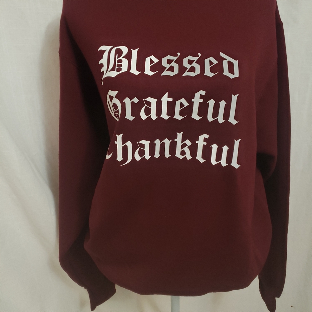 Current Mood Blessed Grateful Thankful Sweatshirt Burgundy White Unisex Lrg New